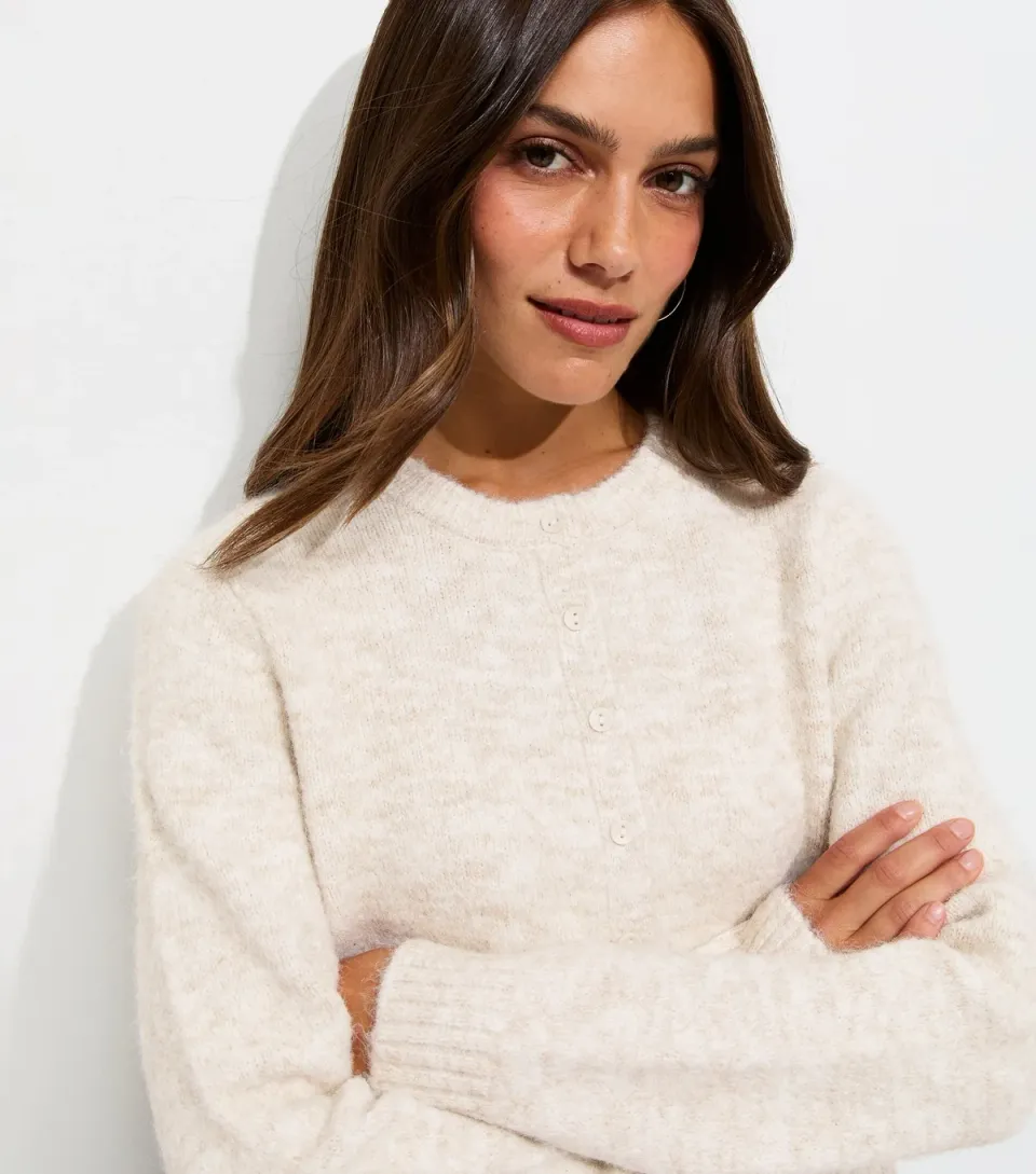Women's Petite Off White Button Front Cropped Cardigan with Wool