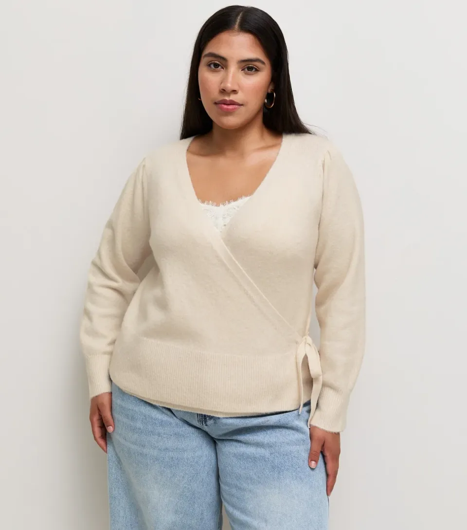 Women's Plus Size Cream Wrap Front Knitted Jumper Curves