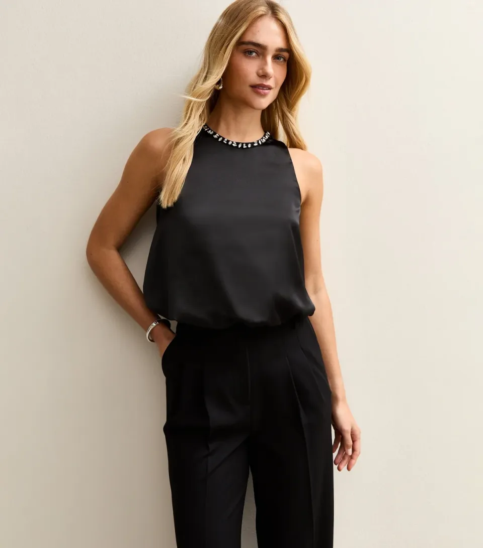 Women's Black Satin Bubble Hem Top