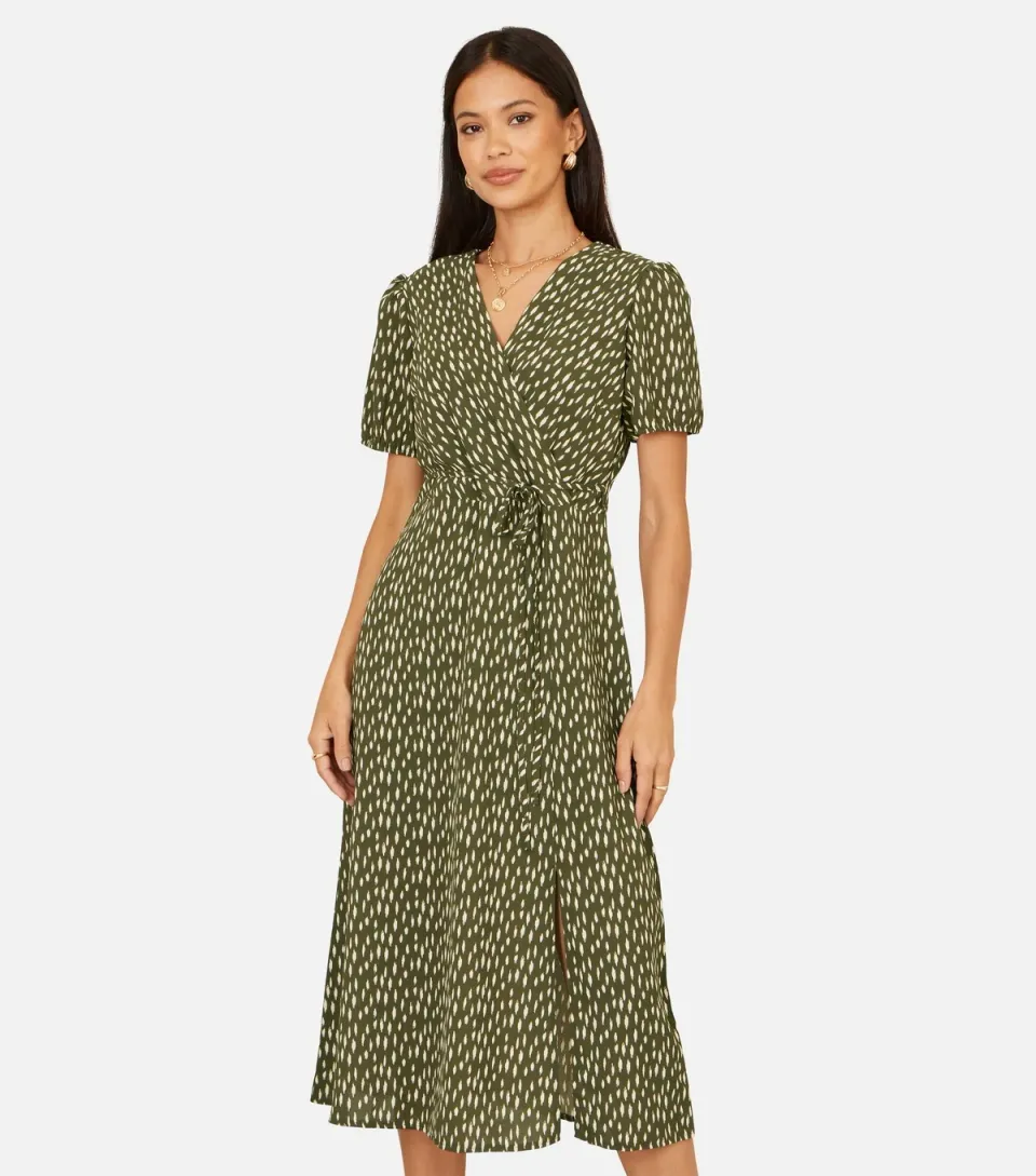 Women's Green Spot Print Wrap Midi Dress