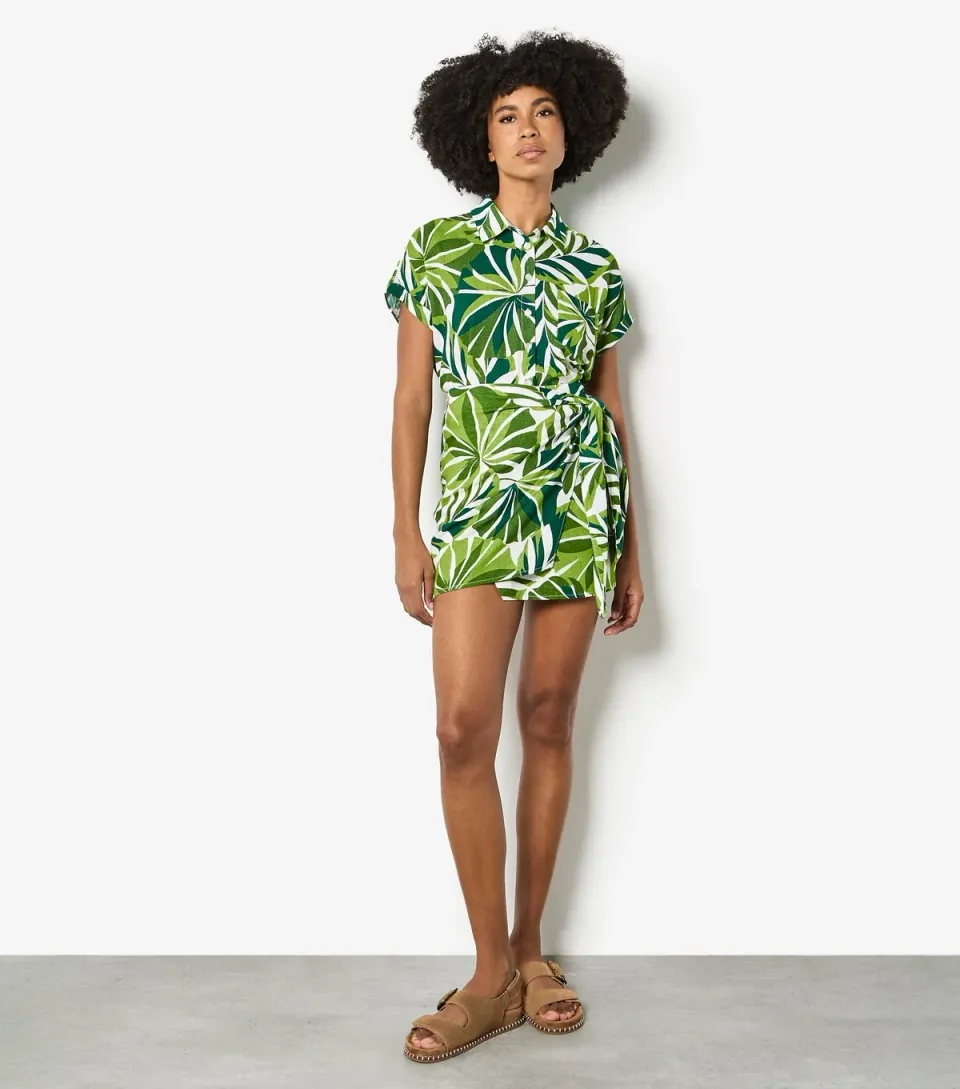 Women's Green Tropical Leaf Print Wrap Mini Skirt