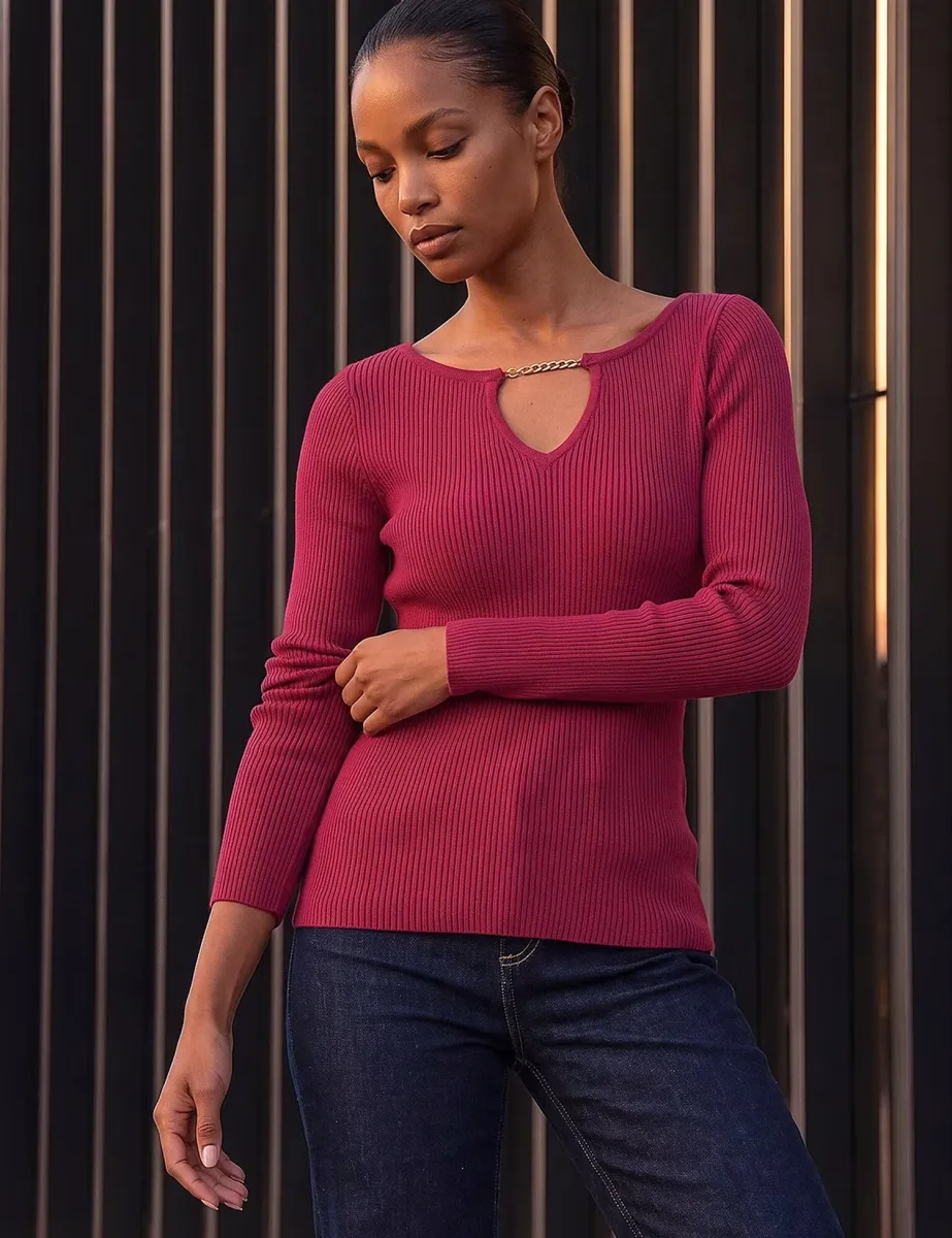 Rayon Blend Chain Neck Detail Jumper Burgundy Mix