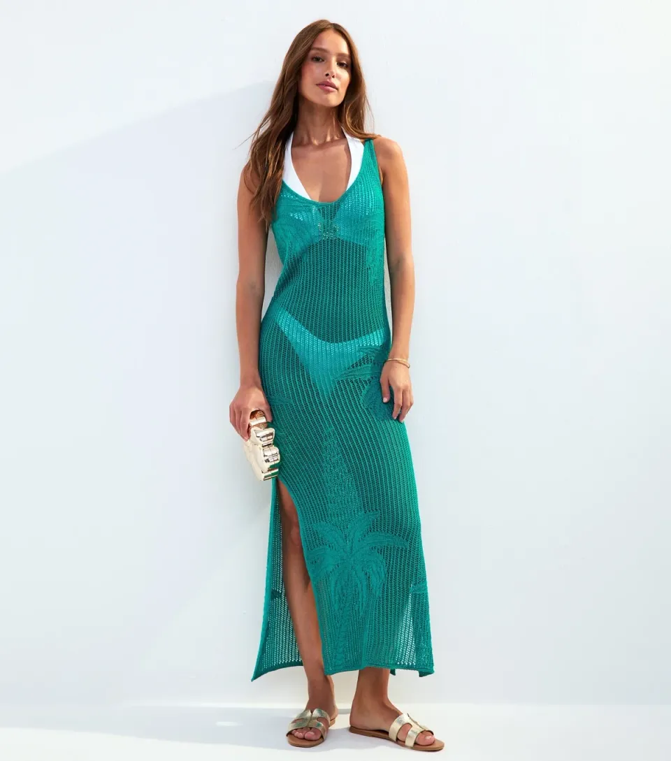 Women's Green Palm Crochet Cover Up Maxi Dress
