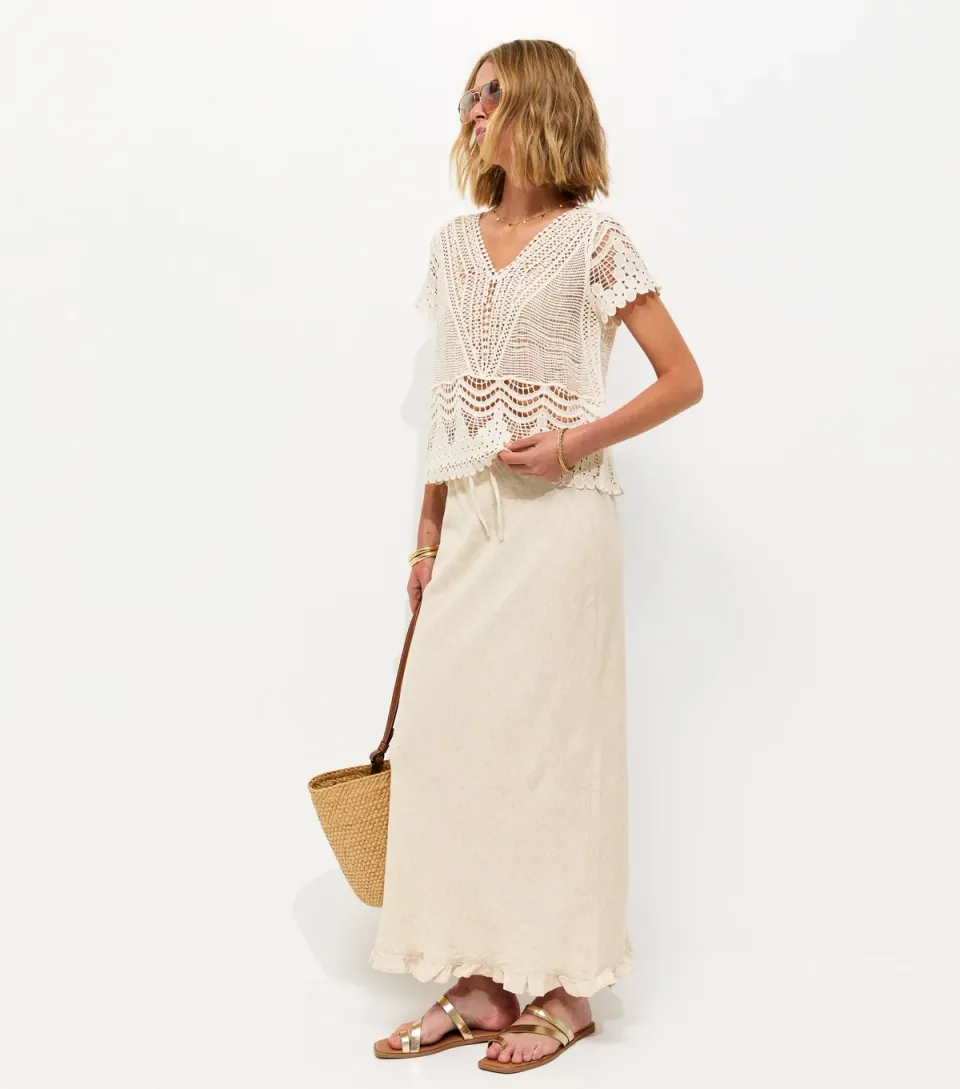 Women's Stone with Linen Ruffle Hem Midi Skirt