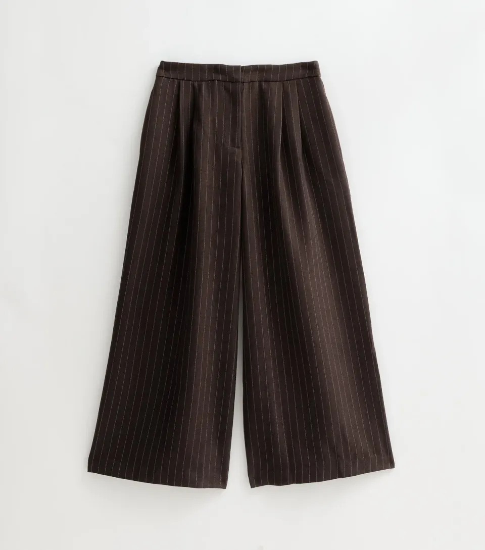Women's Petite Brown Pinstripe Wide Leg Tailored Trousers
