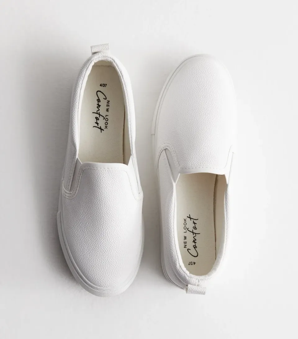 Women's White Leather-Look Slip On Trainers