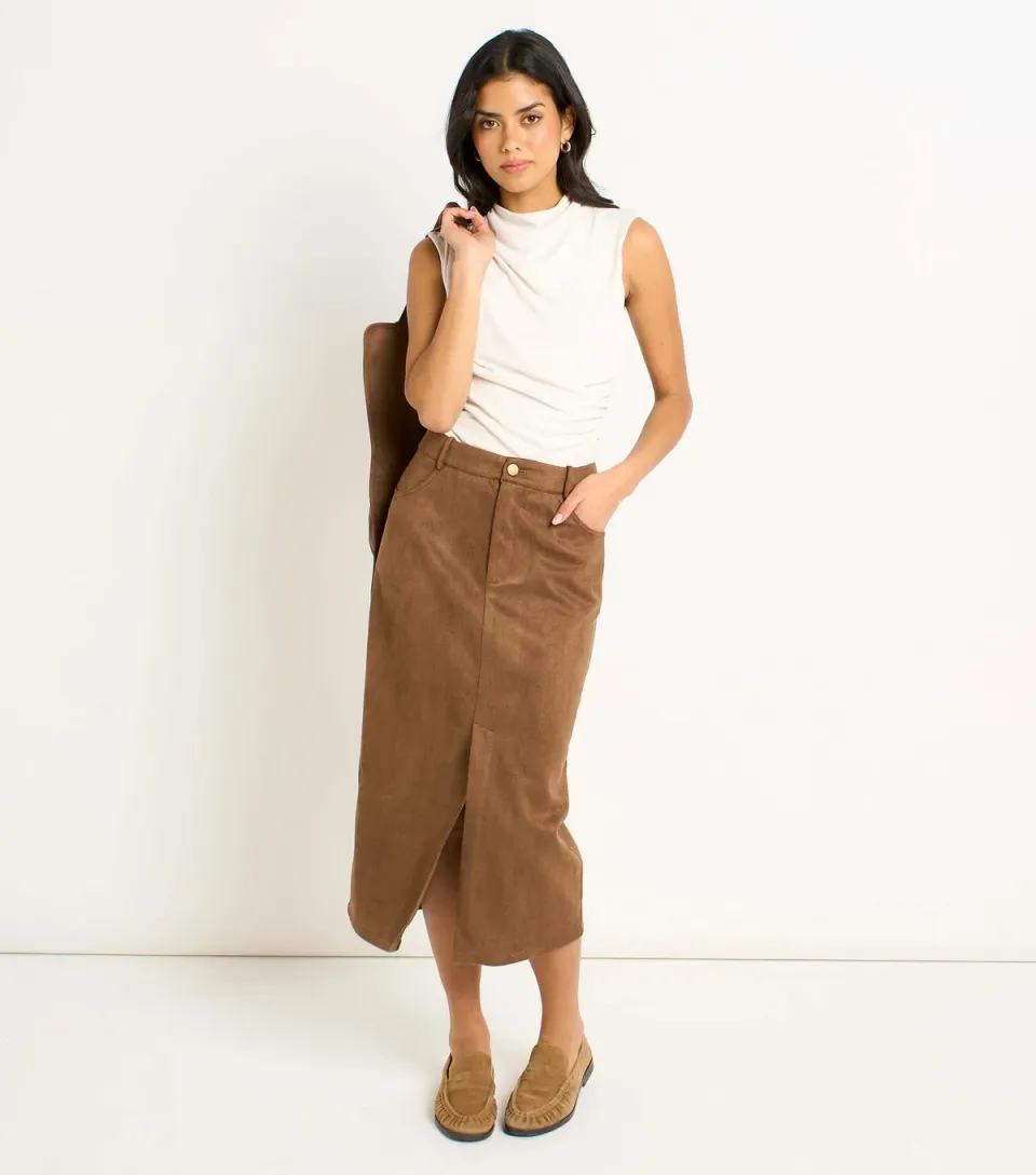 Women's Brown Faux Suede Pencil Skirt