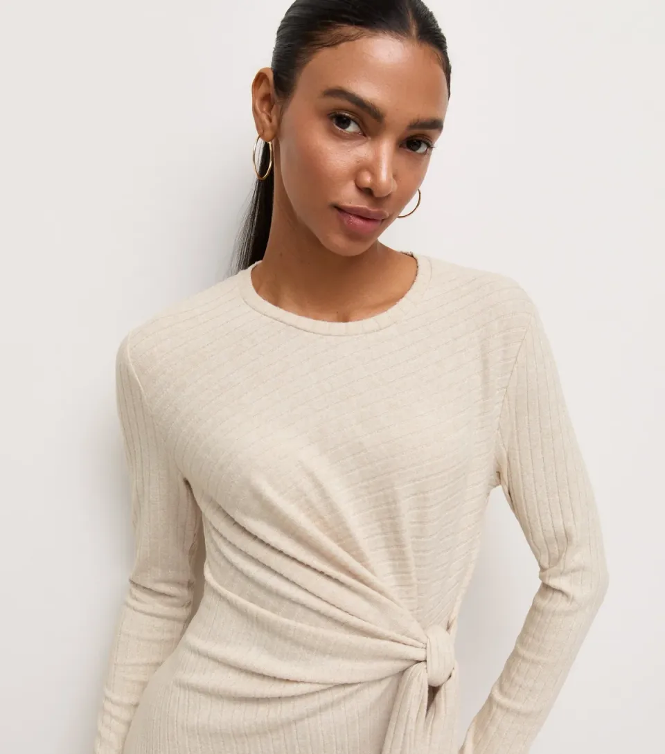 Women's Oatmeal Ribbed Tie Front Long Sleeve Midi Dress