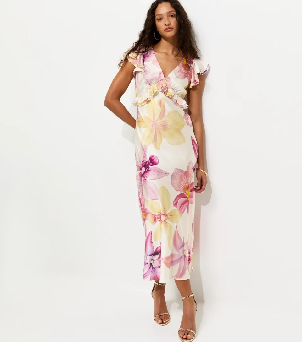 Women's Cream Satin Orchid Print Flutter Sleeve Midi Dress