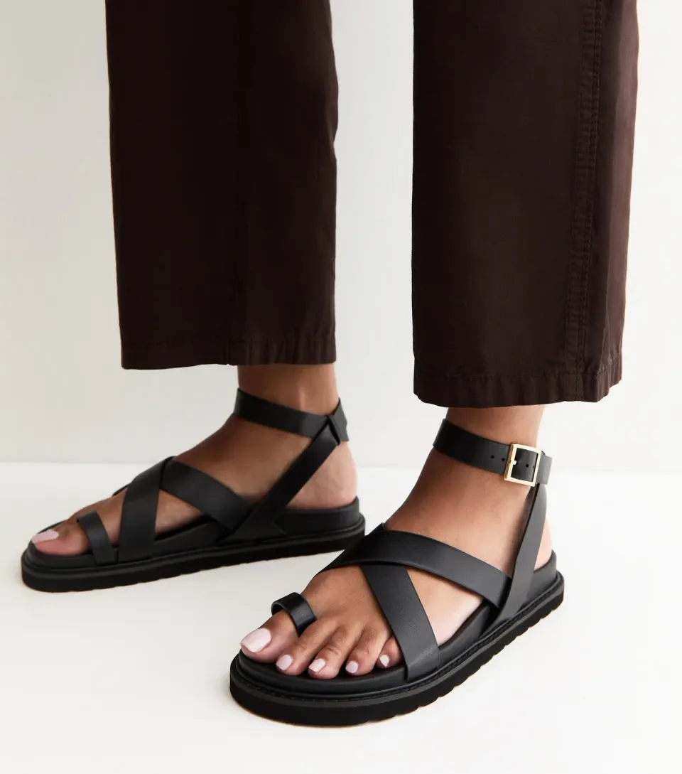 Women's Black Faux Suede Toe Loop Chunky Flat Sandals Vegan