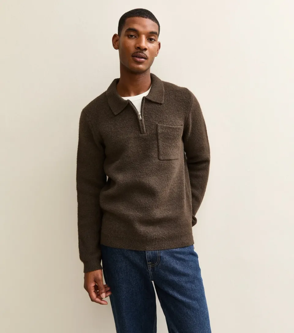 Men's Dark Brown Regular Fit Long Sleeve Brushed Quarter Zip Polo Knit Jumper
