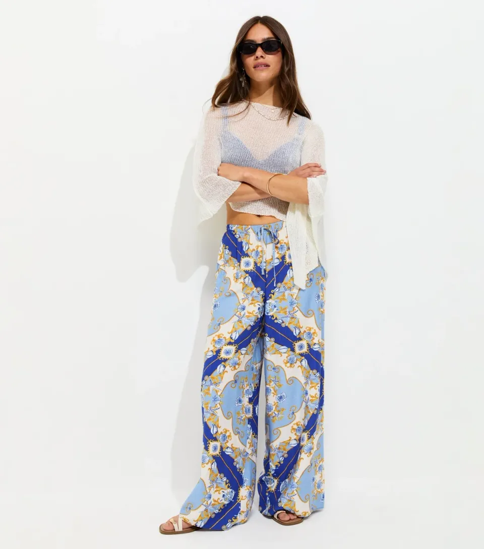 Women's Petite Blue Shell Print Wide Leg Beach Trousers