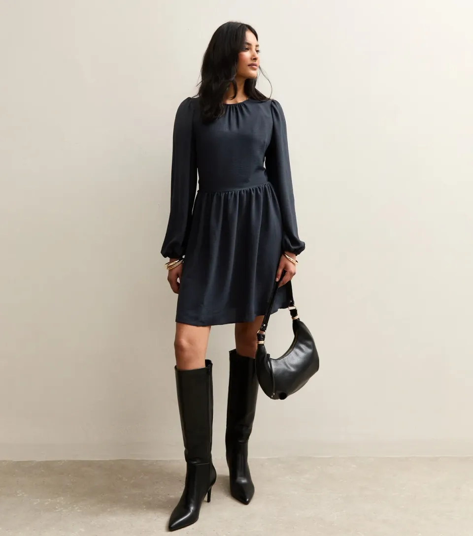 Women's Black Long Sleeve Skater Skirt Mini Dress