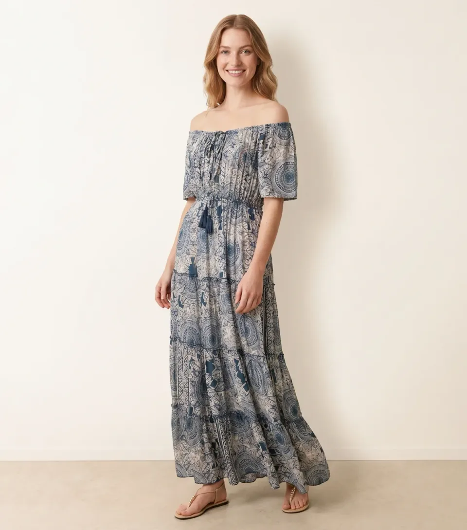Women's Navy Tie Front Off The Shoulder Maxi Dress