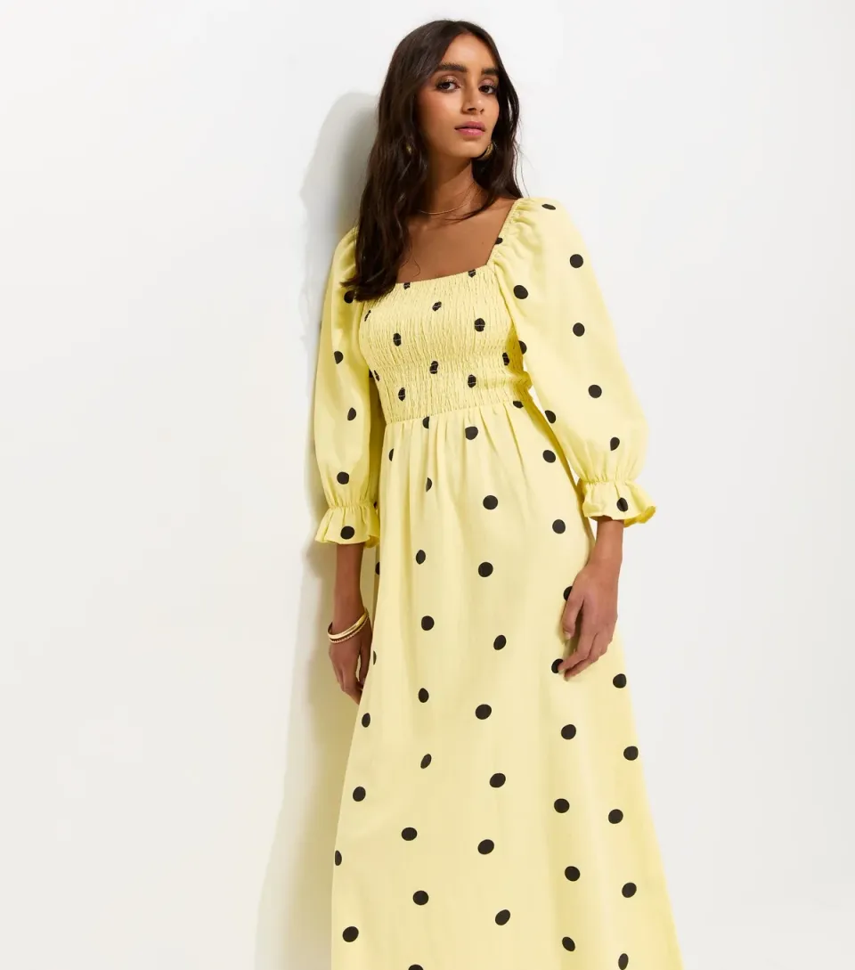 Women's Yellow Textured Polka Dot Shirred Midi Dress