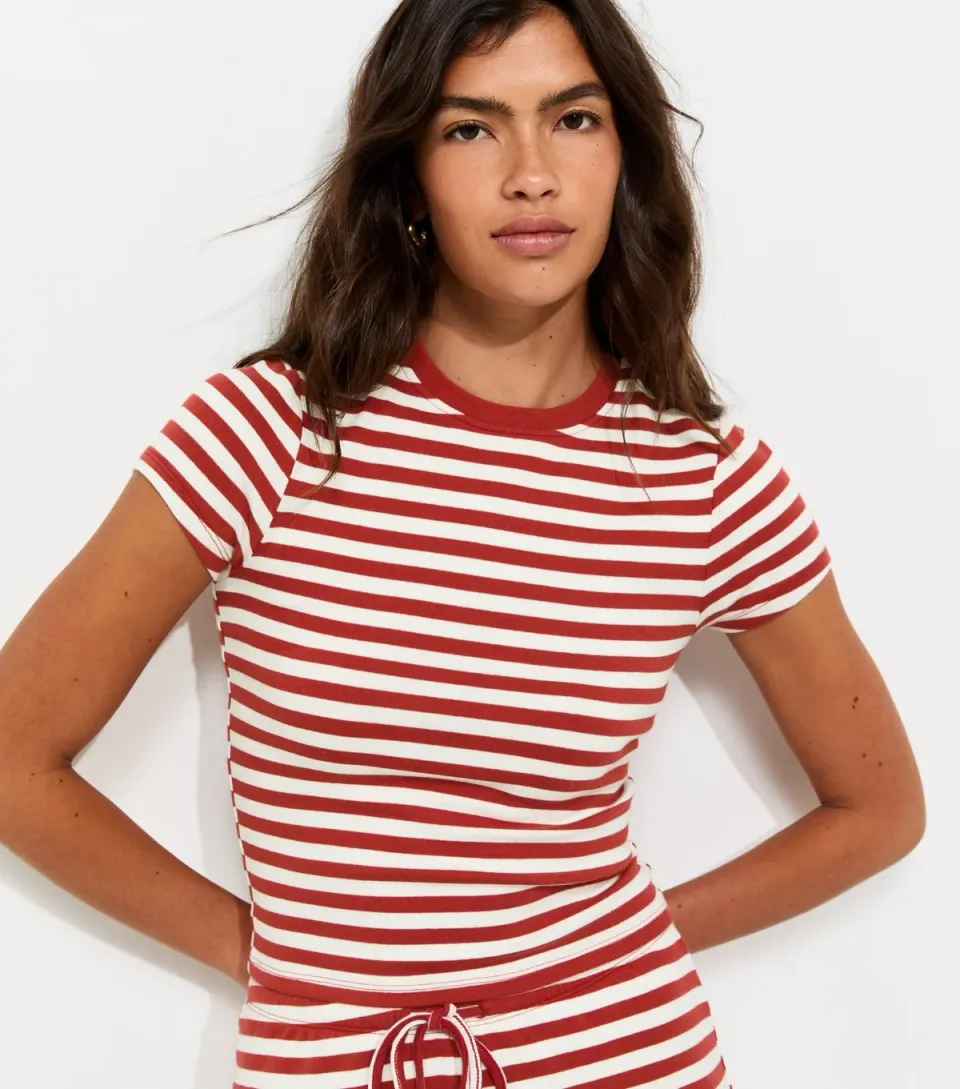 Women's Red Striped Cropped Baby Tee T-Shirt