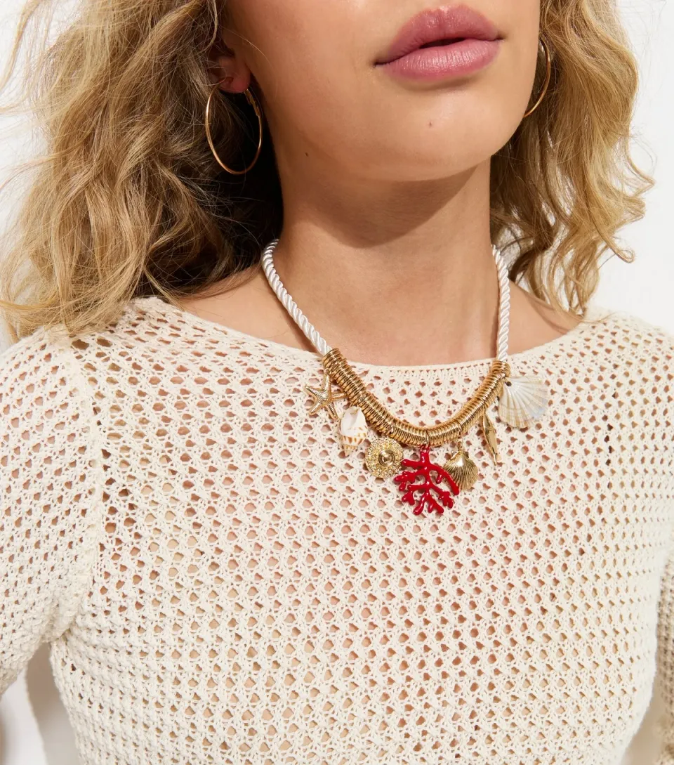 Gold Tone Rope Coastal Charm Necklace