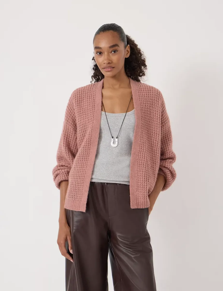 Wool Blend Textured Edge to Edge Cardigan Dark Pink