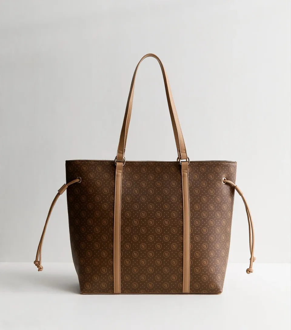 Dark Brown Faux Leather Monogram Tote Bag