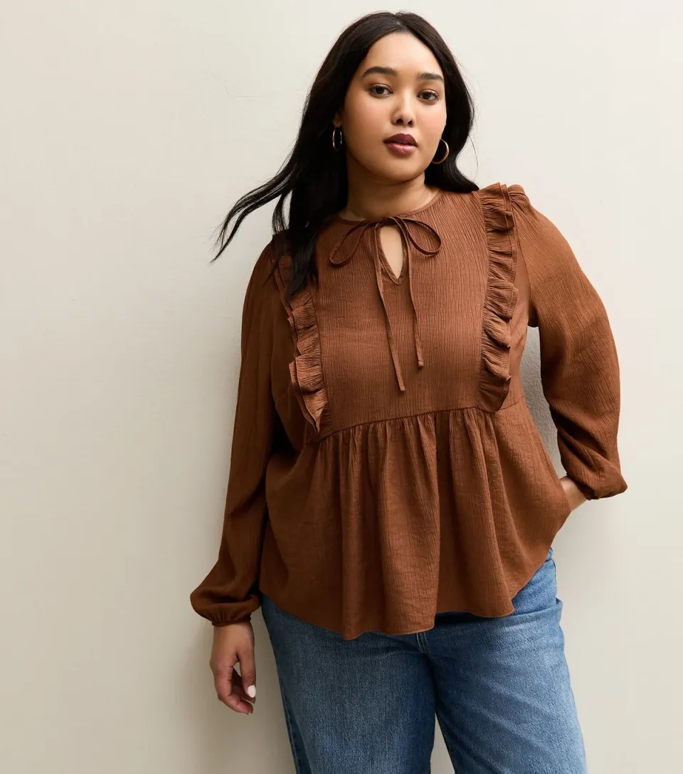Women's Plus Size Rust Ruffled Tie Neck Blouse Curves