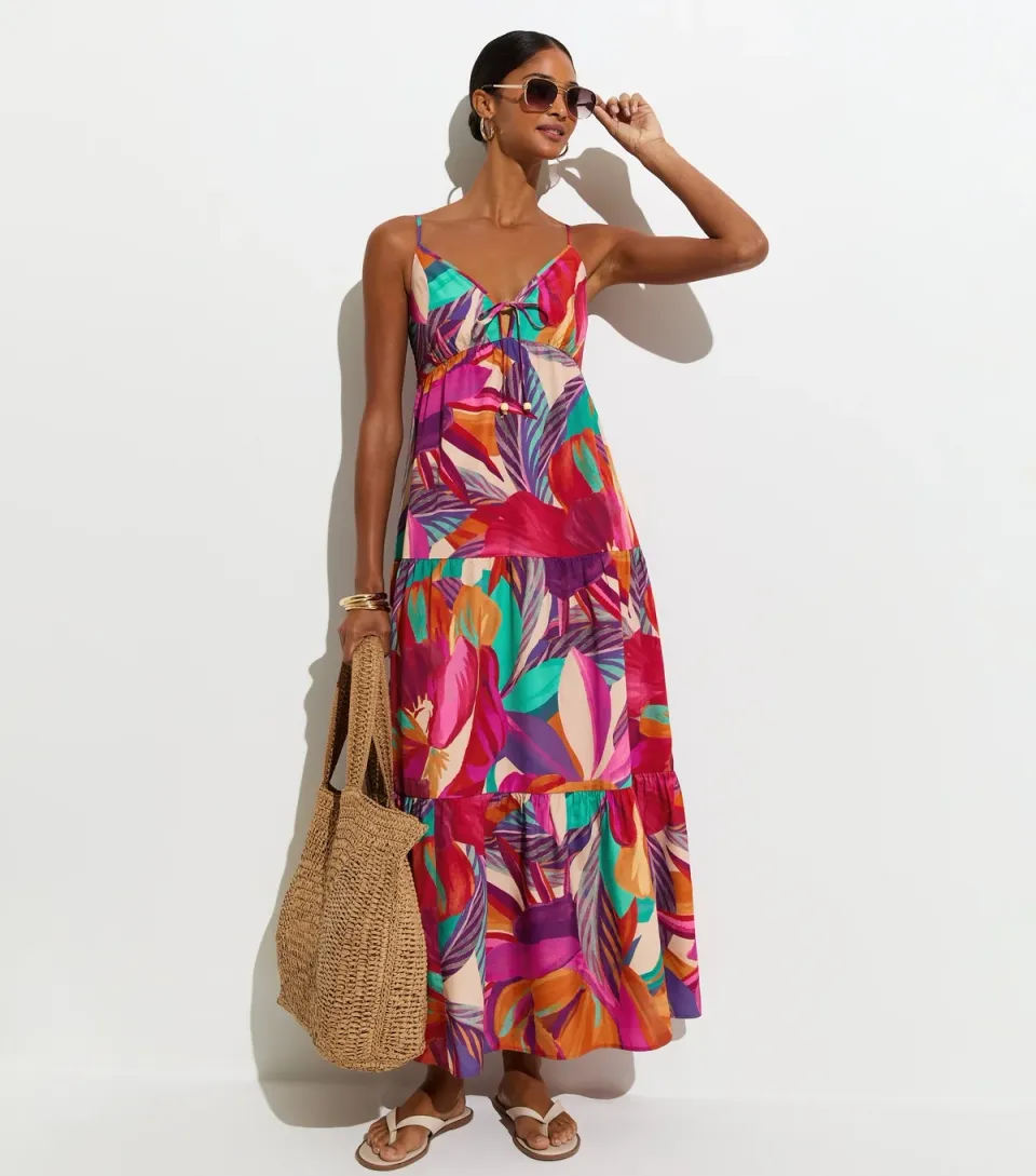 Women's Purple Flower Print Crepe Maxi Beach Dress