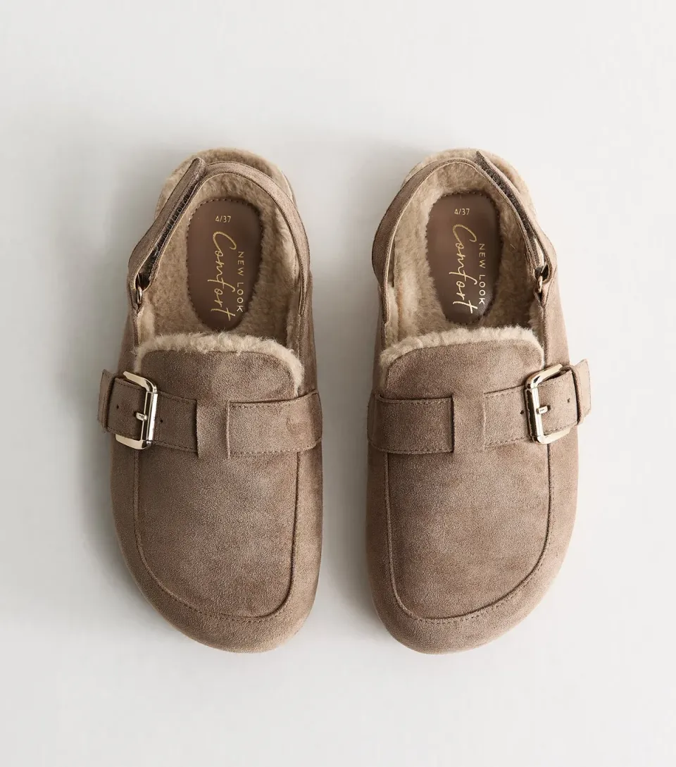 Women's Light Brown Faux Suede Buckle Mule Loafers Vegan