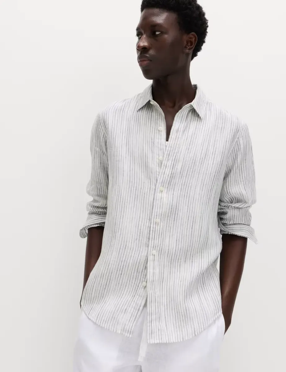 Pure Linen Striped Shirt Pale Blue Mix