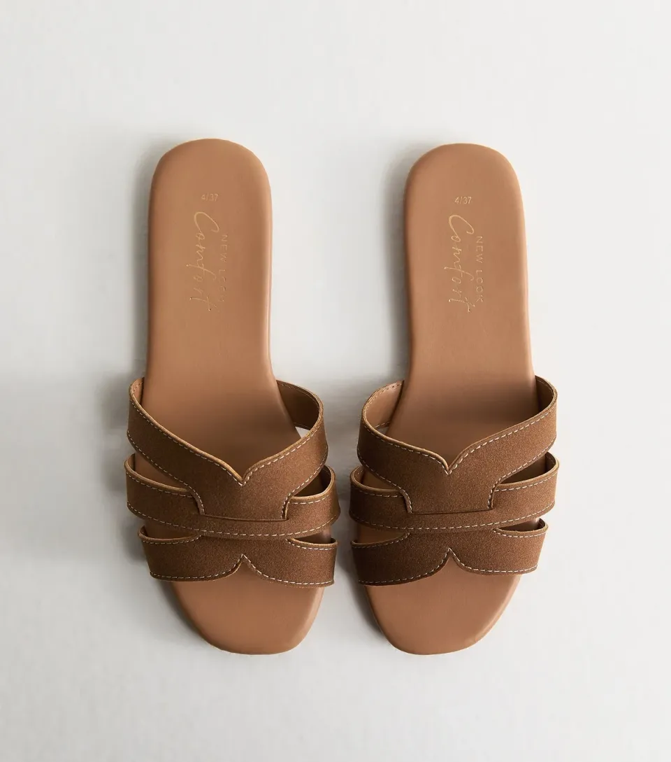 Women's Tan Faux Suede Interwoven Strap Flat Mule Sandals Vegan
