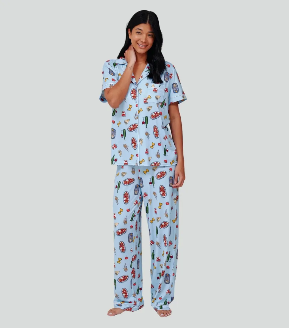 Women's Blue Pasta Print Short Sleeve Pyjama Set