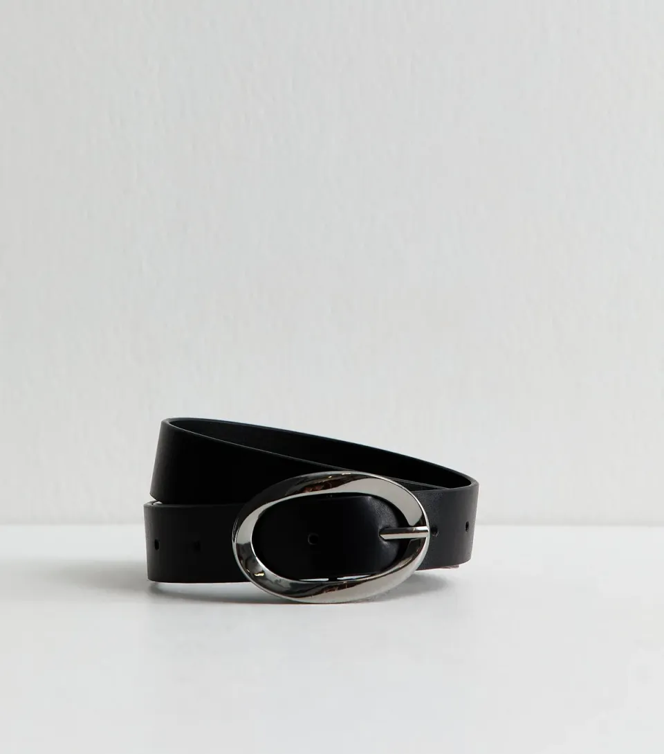 Black Faux Leather Oval Buckle Belt