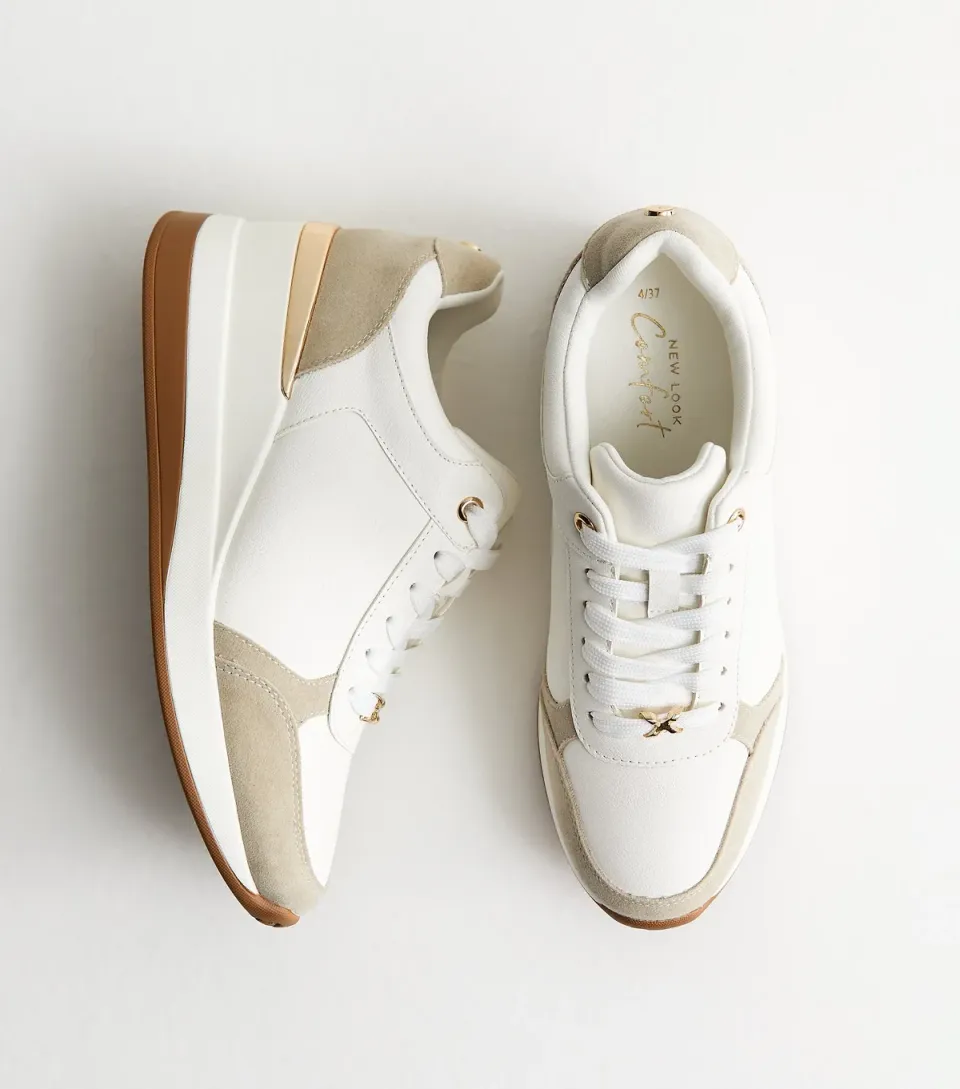 Women's White Faux Leather Sports Wedge Trainers Vegan