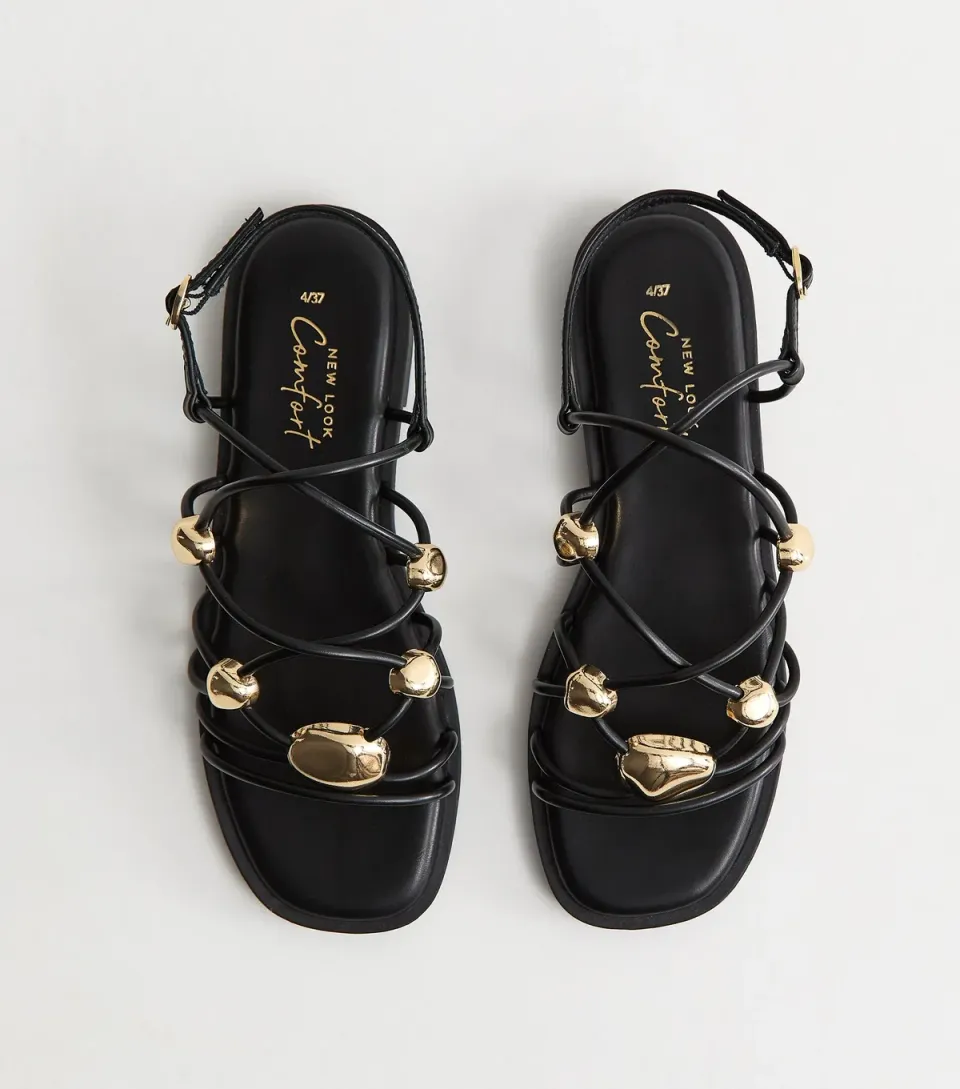 Women's Black Faux Leather Stappy Metal Detail Flat Sandals Vegan
