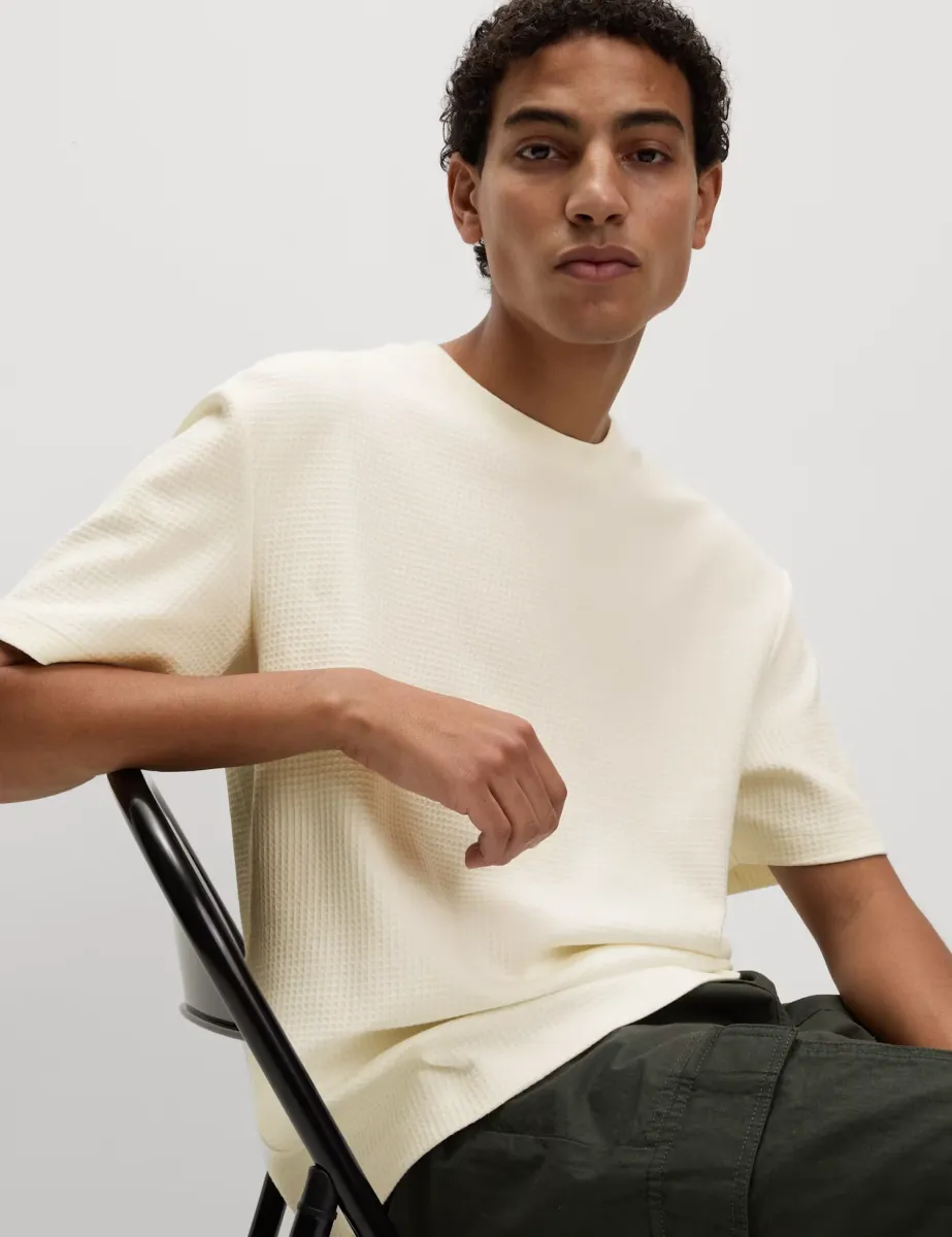 Relaxed Pure Cotton Waffle T-Shirt Ivory