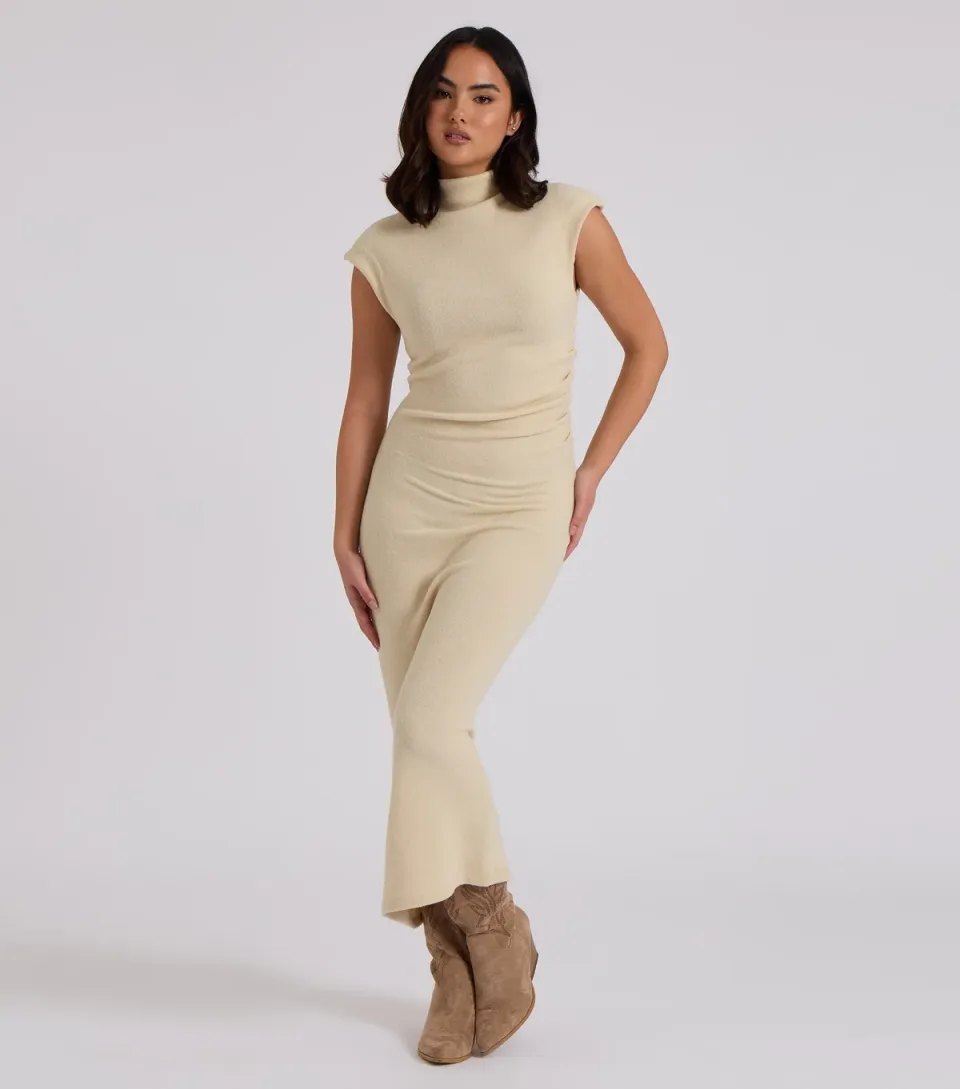 Women's Cream Roll Neck Midi Dress