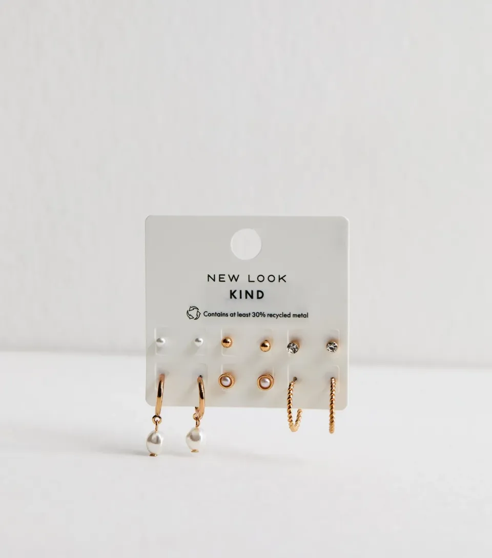Pack of 6 Gold Tone Faux Pearl Stud and Hoop Earrings