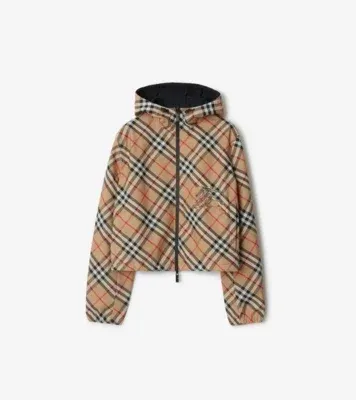 Cropped Reversible Check Jacket in Sand beige