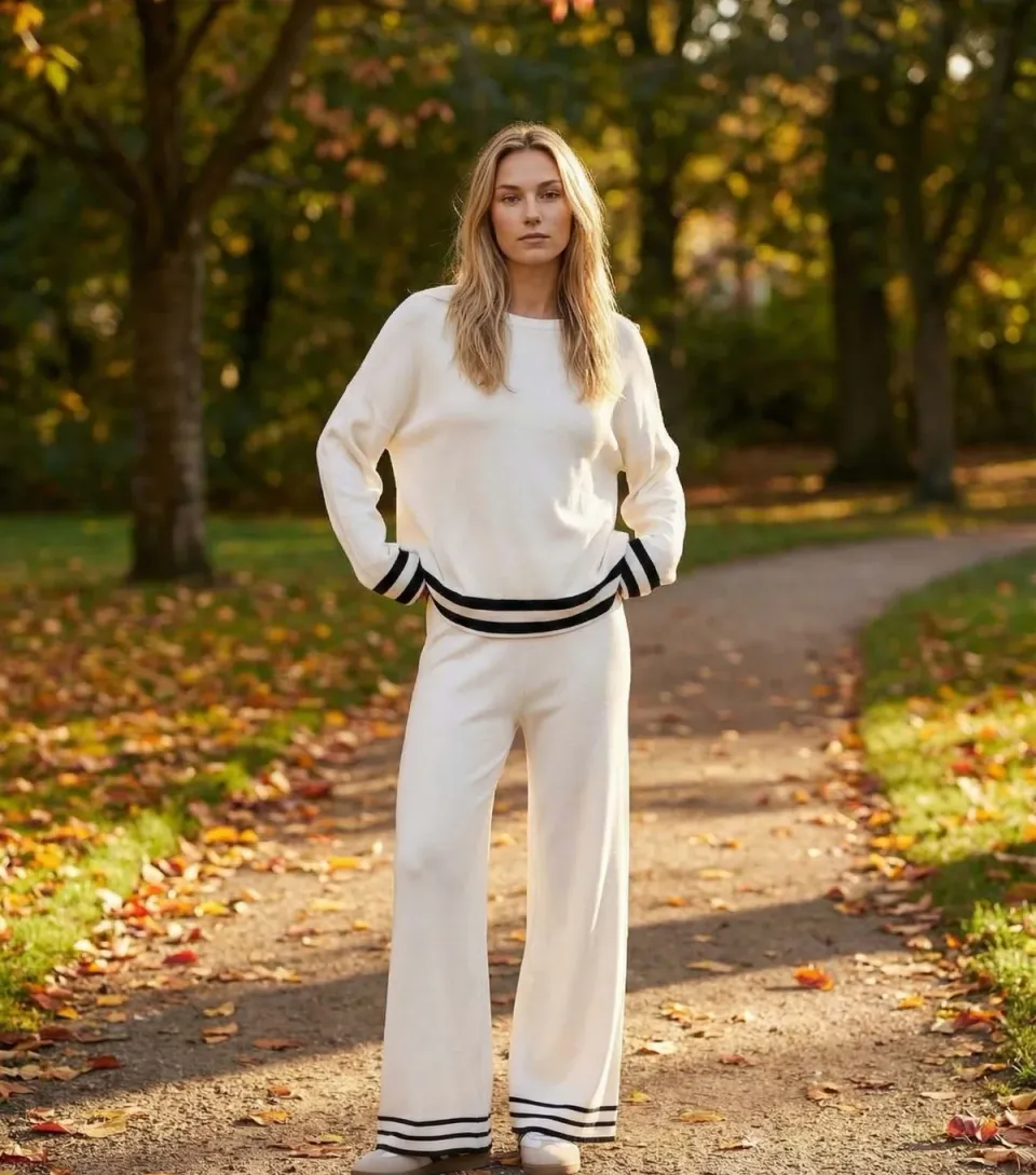 Women's White Contrast Trim Top and Trousers Set