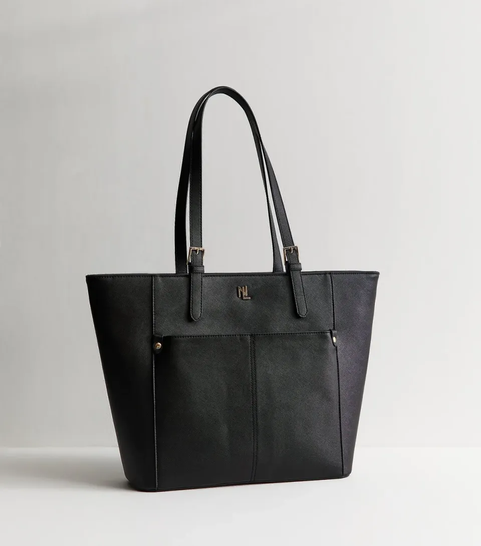 Black Textured Faux Leather Logo Tote Bag
