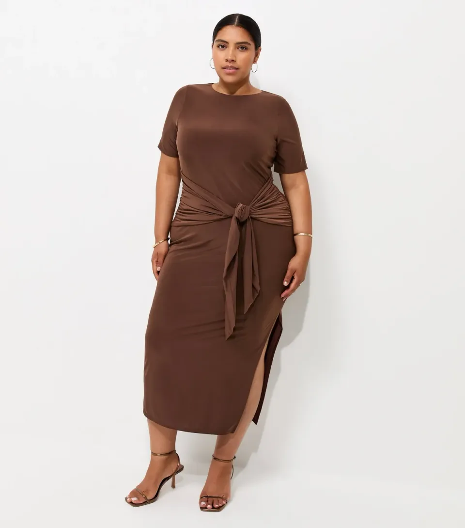 Women's Plus Size Dark Brown Knotted Waist Midi Dress Curves