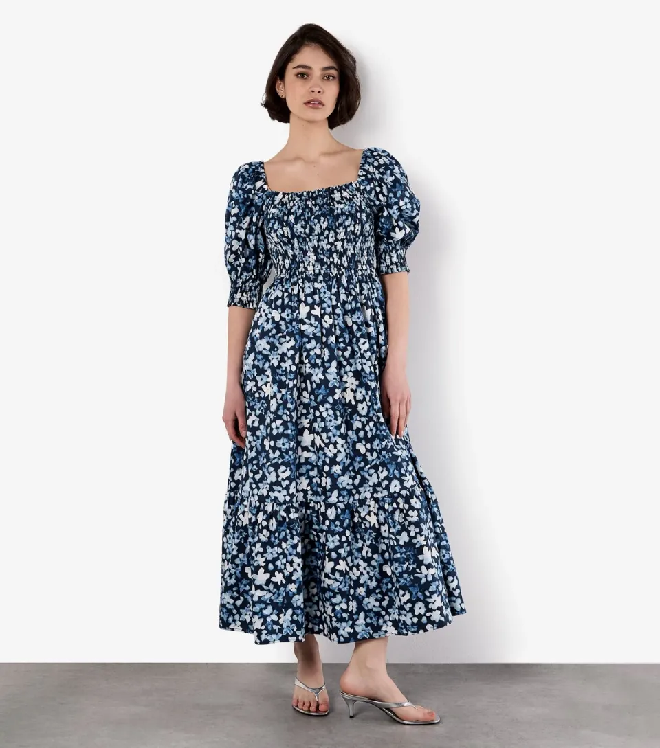 Women's Blue Puff Sleeve Milkmaid Dress
