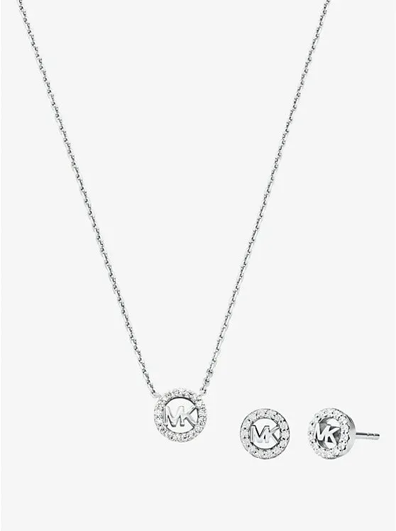 Fulton Precious-Metal Plated Sterling Silver Pavé Logo Charm Necklace and Earrings Gift Set
