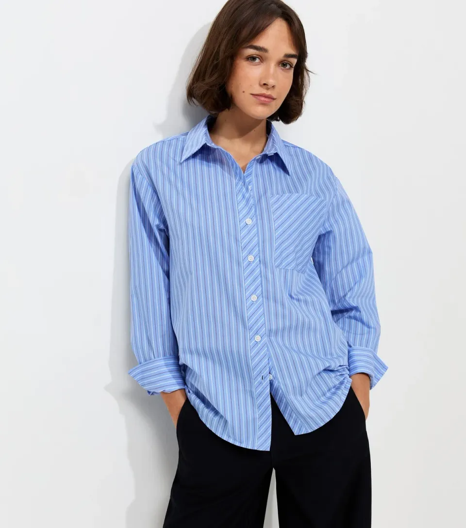 Women's Blue Button Back Striped Long Sleeve Shirt