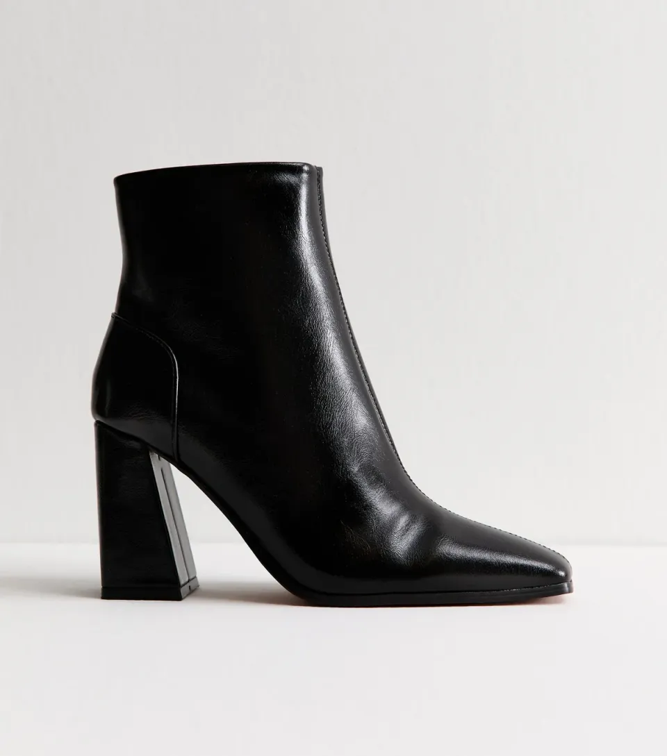 Women's Black Faux Leather Square Toe Ankle Boots Vegan