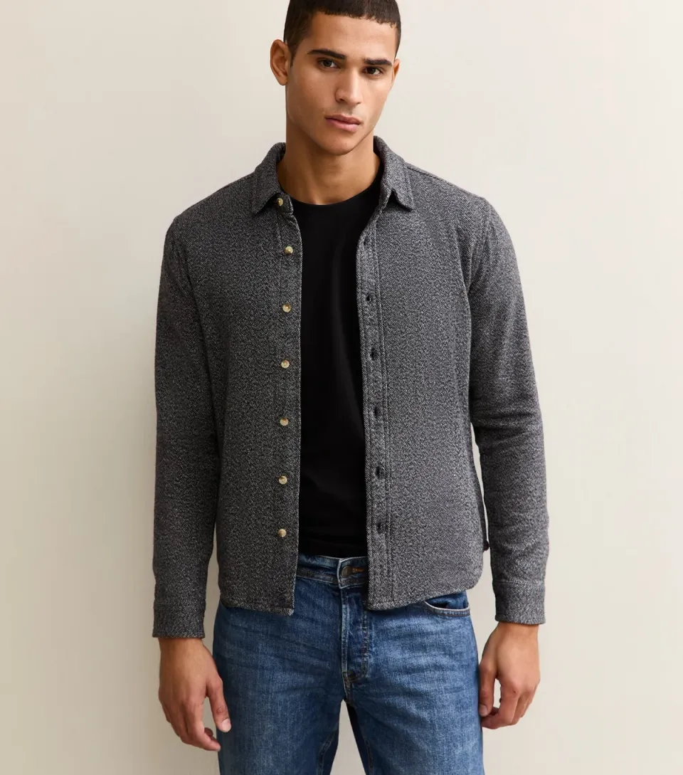 Men's Navy Regular Fit Long Sleeve Herringbone Shirt