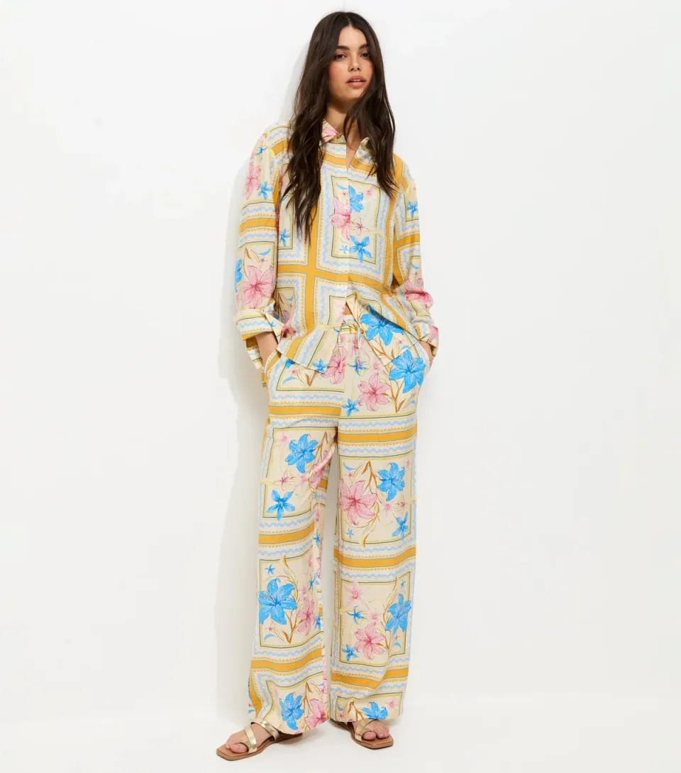Women's Yellow Tropical Print Wide Leg Trousers