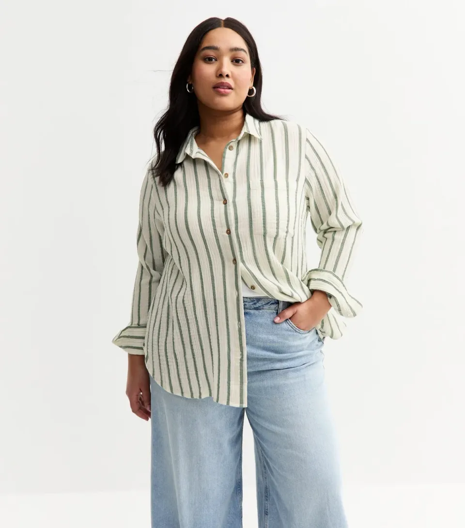 Women's Green Stripe Crinkled Texture Cotton Shirt