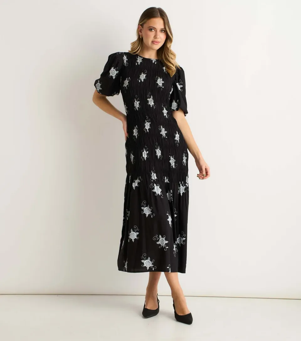 Women's Black Paisley Print Ruched Midi Dress