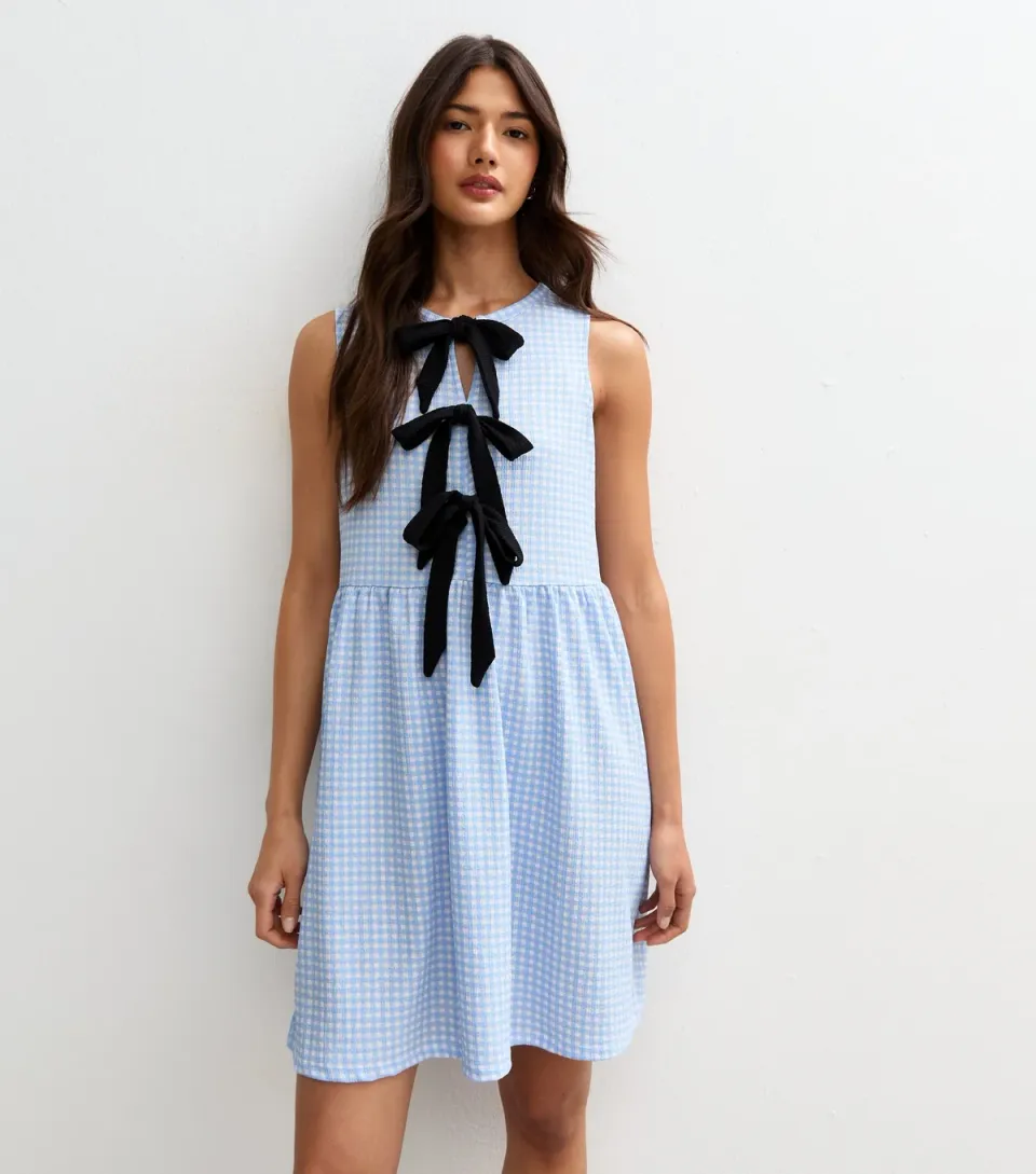 Women's Blue Gingham Sleeveless Crinkle Bow Mini Dress
