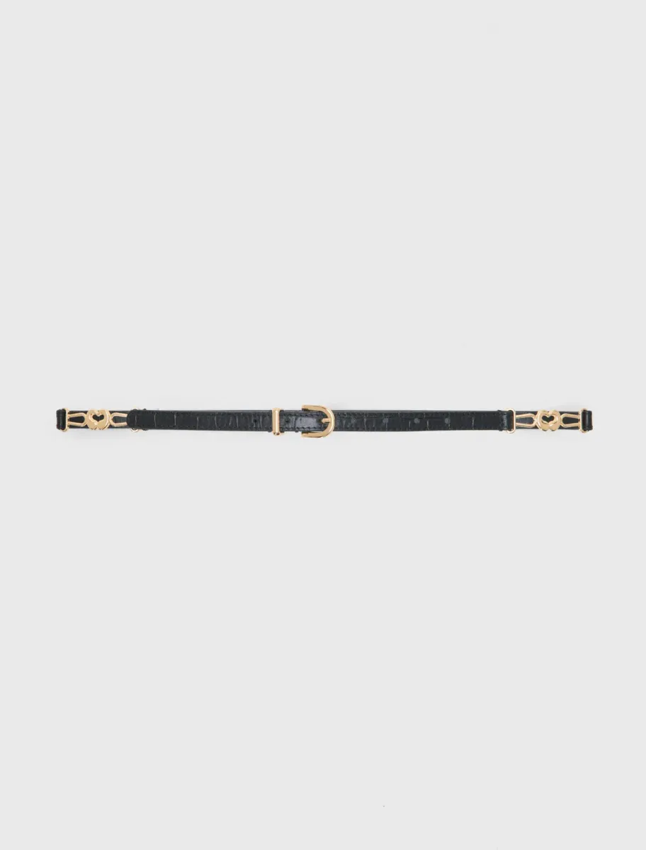 Slim croc-effect leather belt