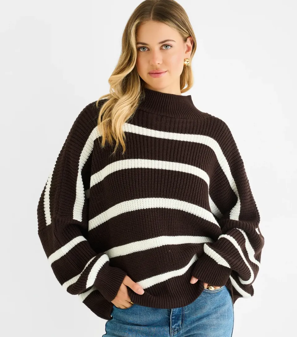 Women's Chocolate Stripe Chunky Knit High Neck Jumper